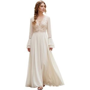 Lulu’s Ivory Crochet V-Neck Gown Maxi Dress Women’s Size Medium